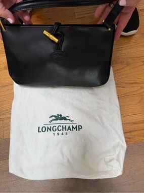 Longchamp Black Leather Shoulder Bag with Gold-Tone Toggle